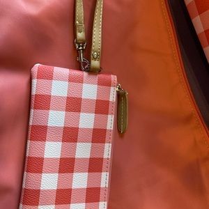 Coral check tote with wristlet and inner bag